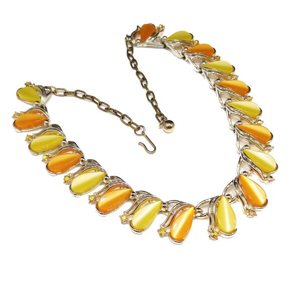 Vintage 1950s Yellow Orange Lucite Necklace, AB Rhinestones, Signed ART - Picture 2 of 10